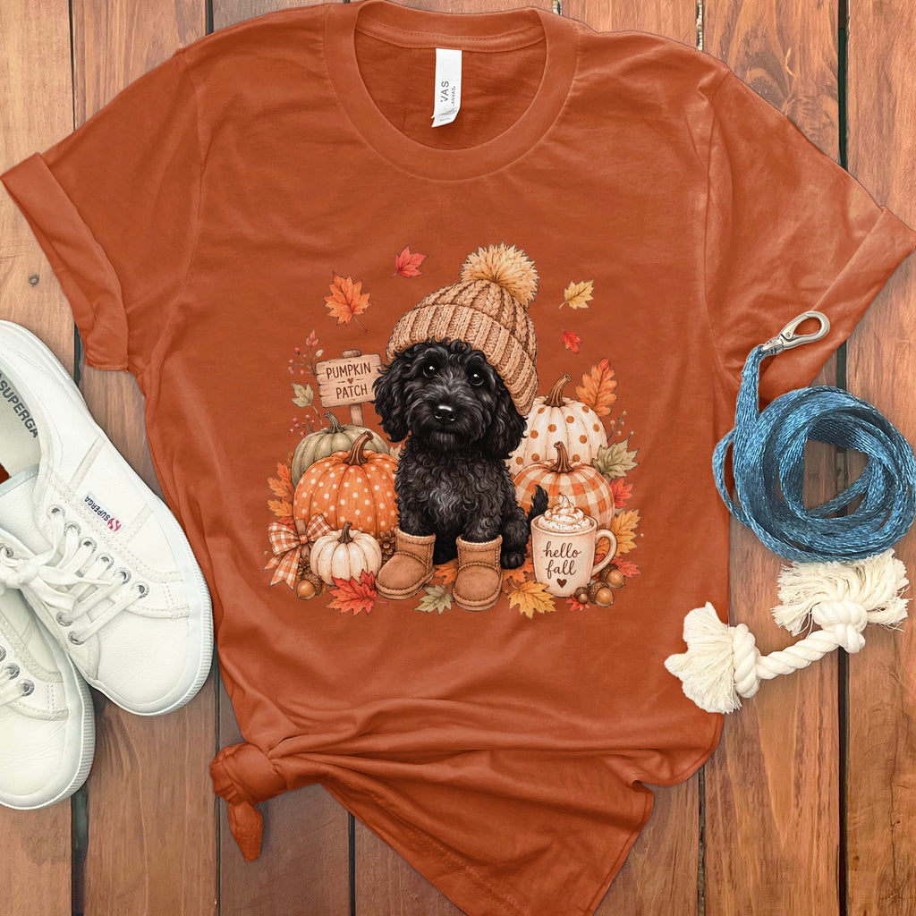 Black Goldendoodle Pumpkin Patch T-Shirt in Autumn / S by Puppy Jo