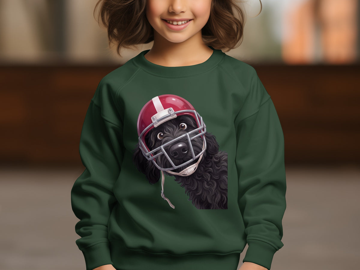 Green sweatshirt with a black dog wearing a red football helmet graphic.