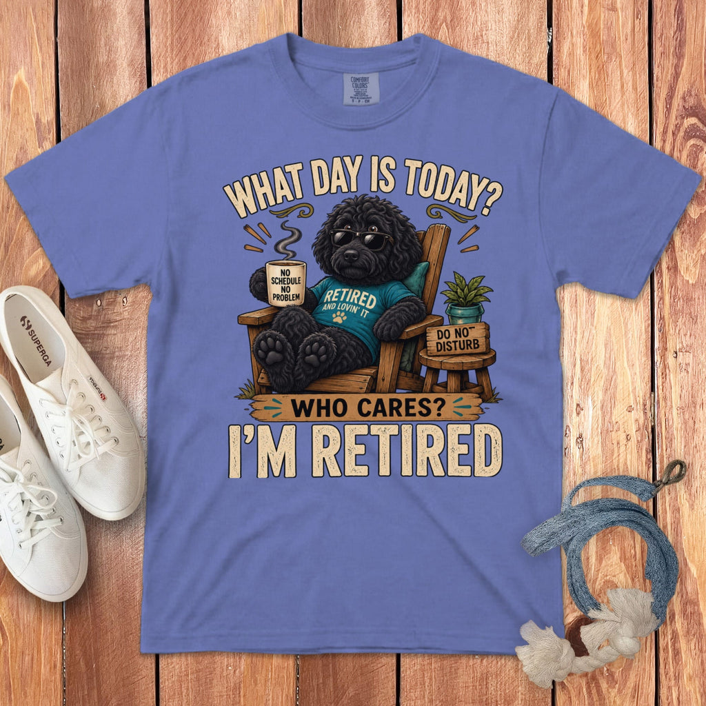 I'm Retired Black Goldendoodle Signature T-Shirt in Flo Blue / S by Puppy Jo