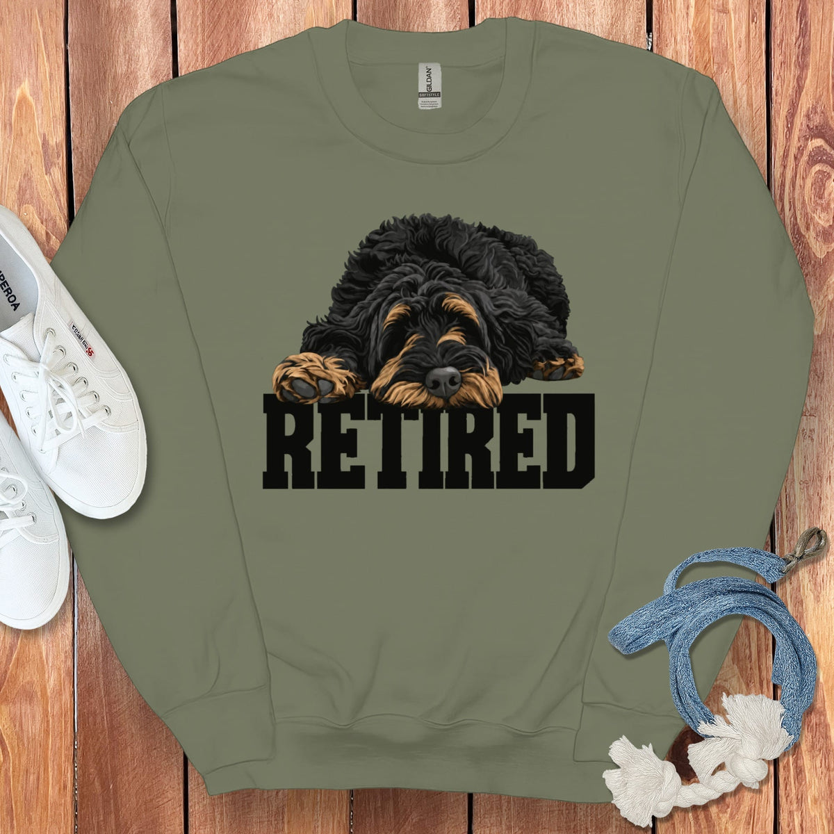 Retired Sleeping Phantom Goldendoodle Sweatshirt in Military Green / S by Puppy Jo