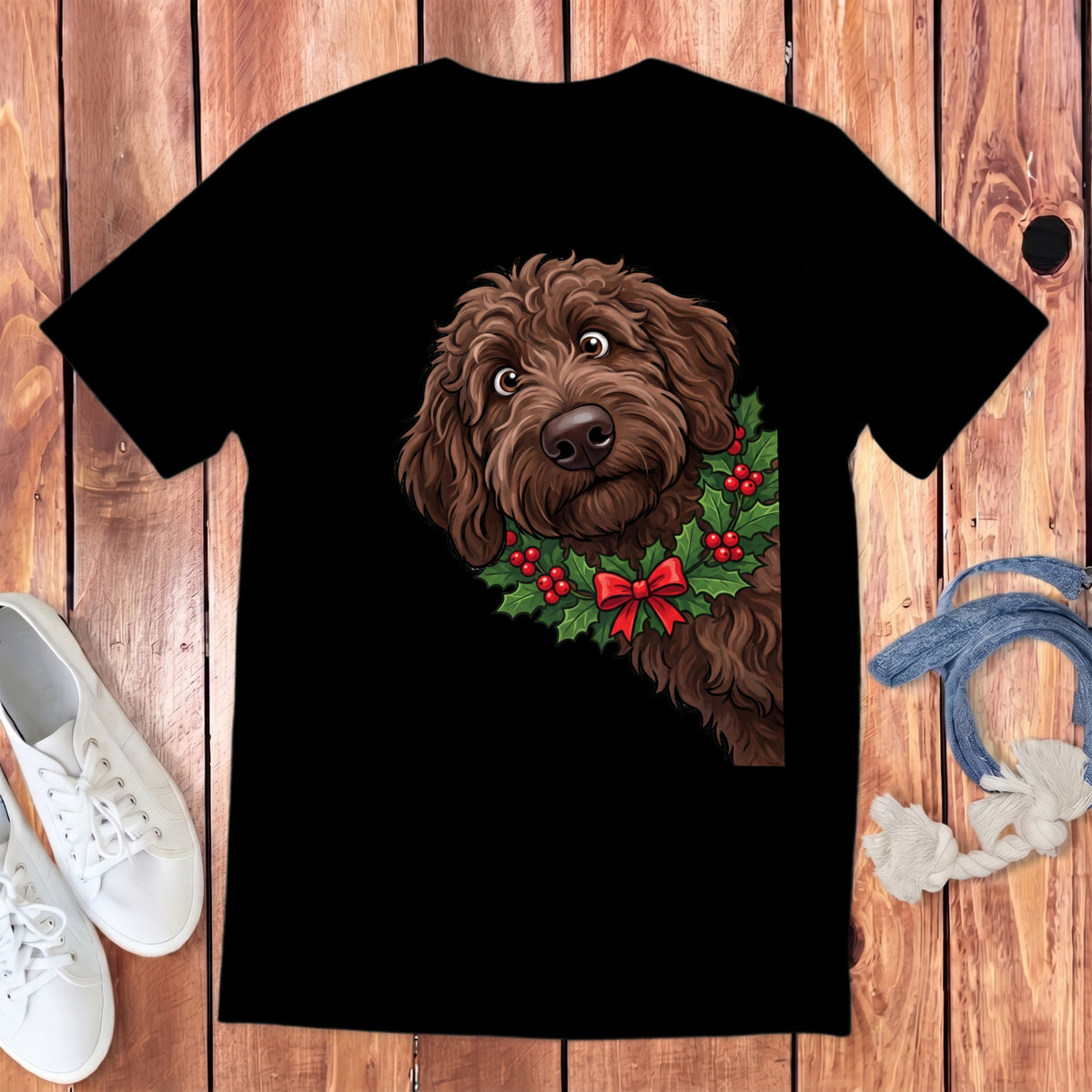 Brown doodle dog wearing a holly wreath with a red bow on a black shirt.