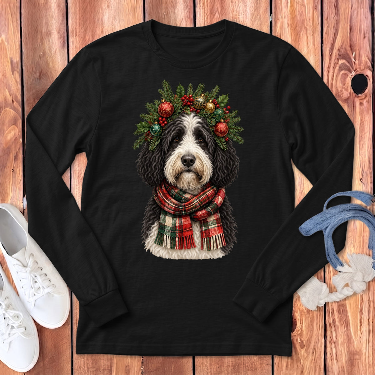 Sheepadoodle Holiday Crown Long Sleeve T-Shirt in Dark Grey Heather / S by MyDesigns