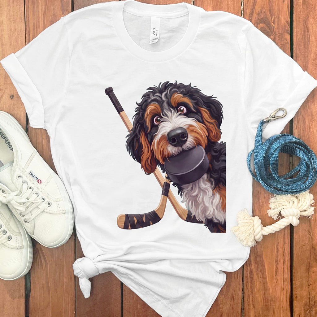 Bernedoodle Hockey T-Shirt in White / S by Puppy Jo