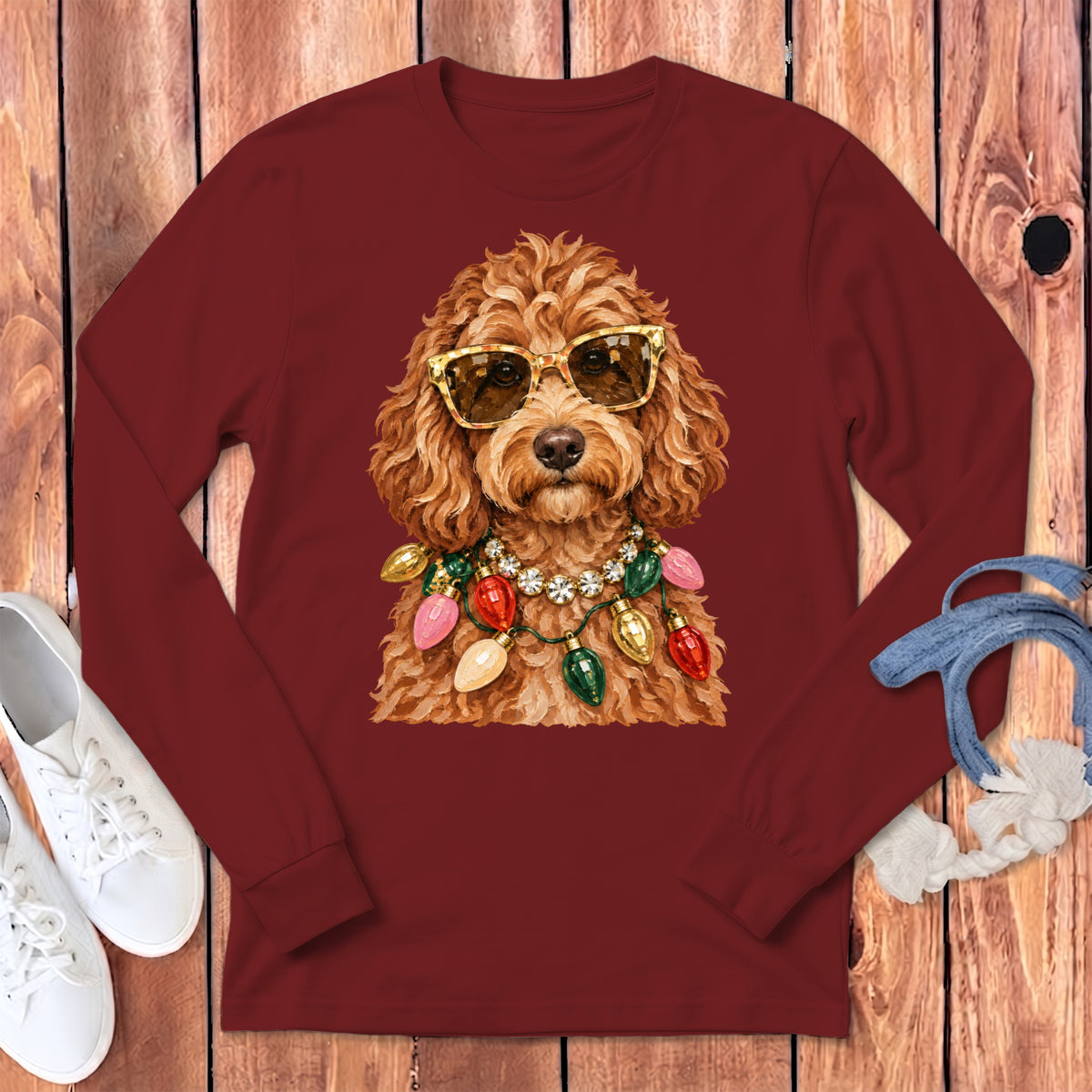 Maroon long sleeve shirt with a dog wearing sunglasses and a string of Christmas lights.