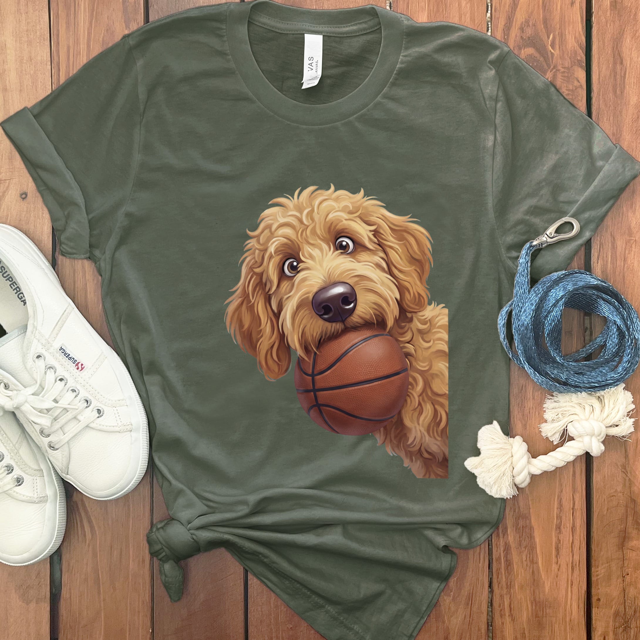 Apricot Goldendoodle Basketball T-Shirt in Military Green / S by Puppy Jo