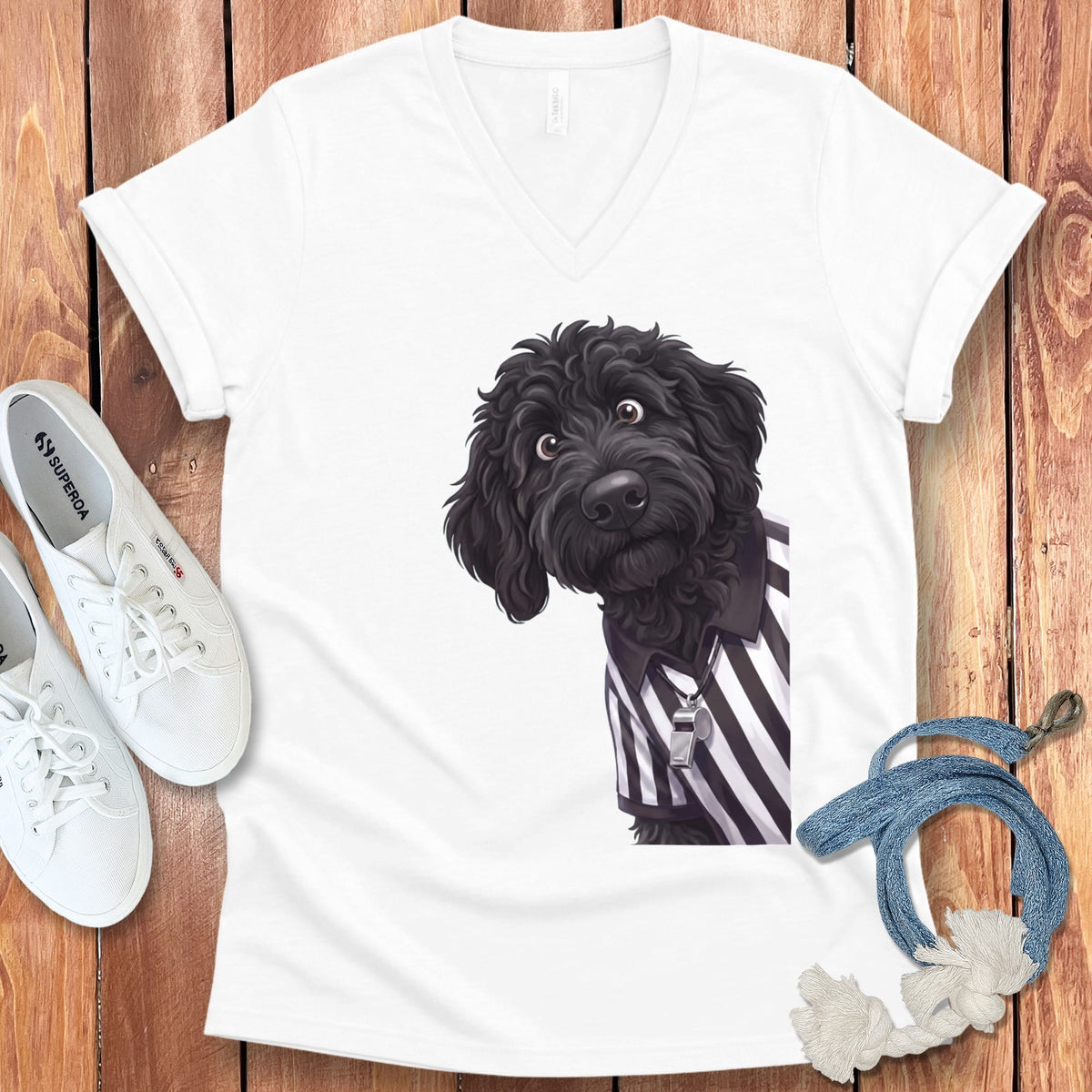 Black Goldendoodle Football Referee V-Neck T-Shirt in White / S by Puppy Jo