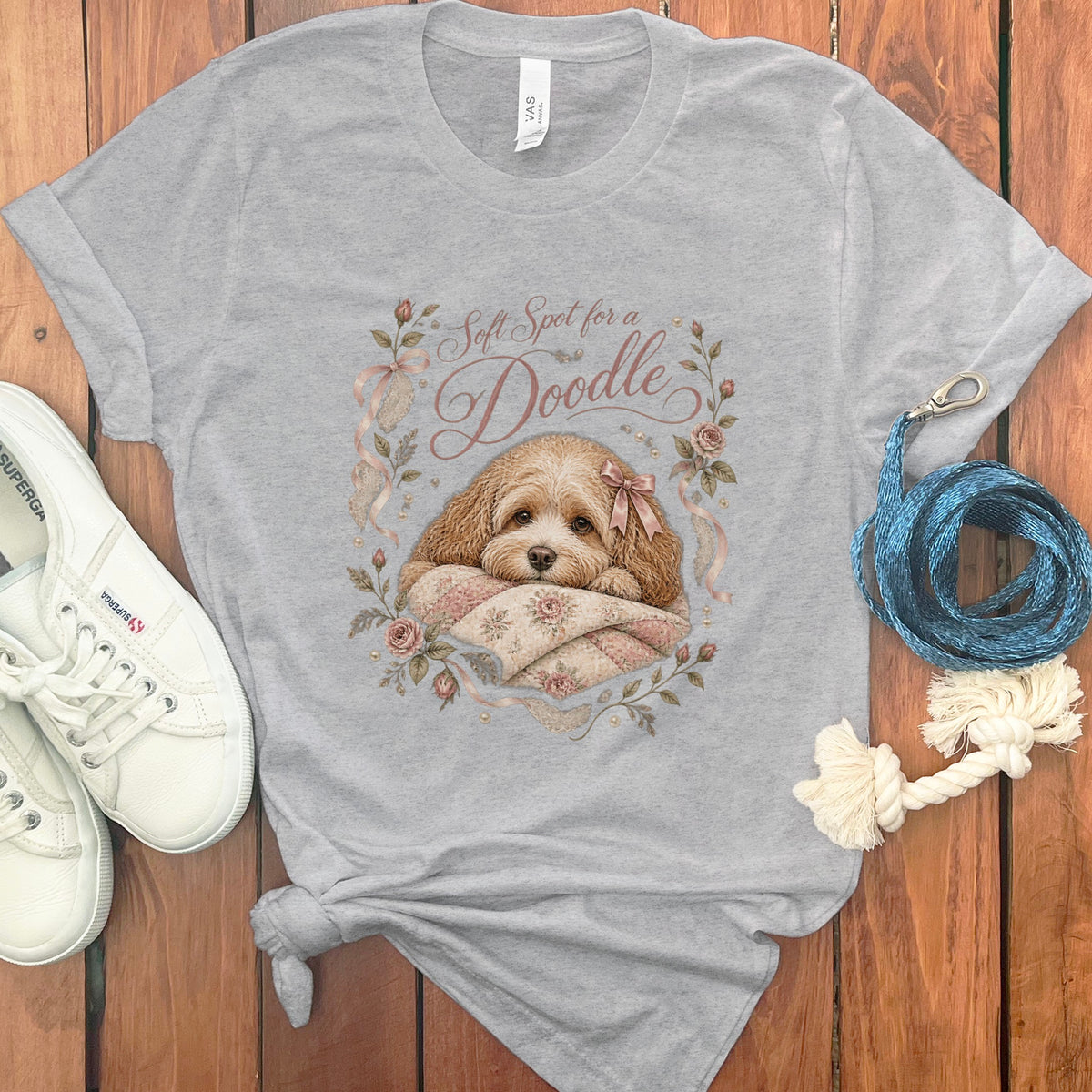 Grey t-shirt with a doodle dog illustration and text "Soft Spot for a Doodle".