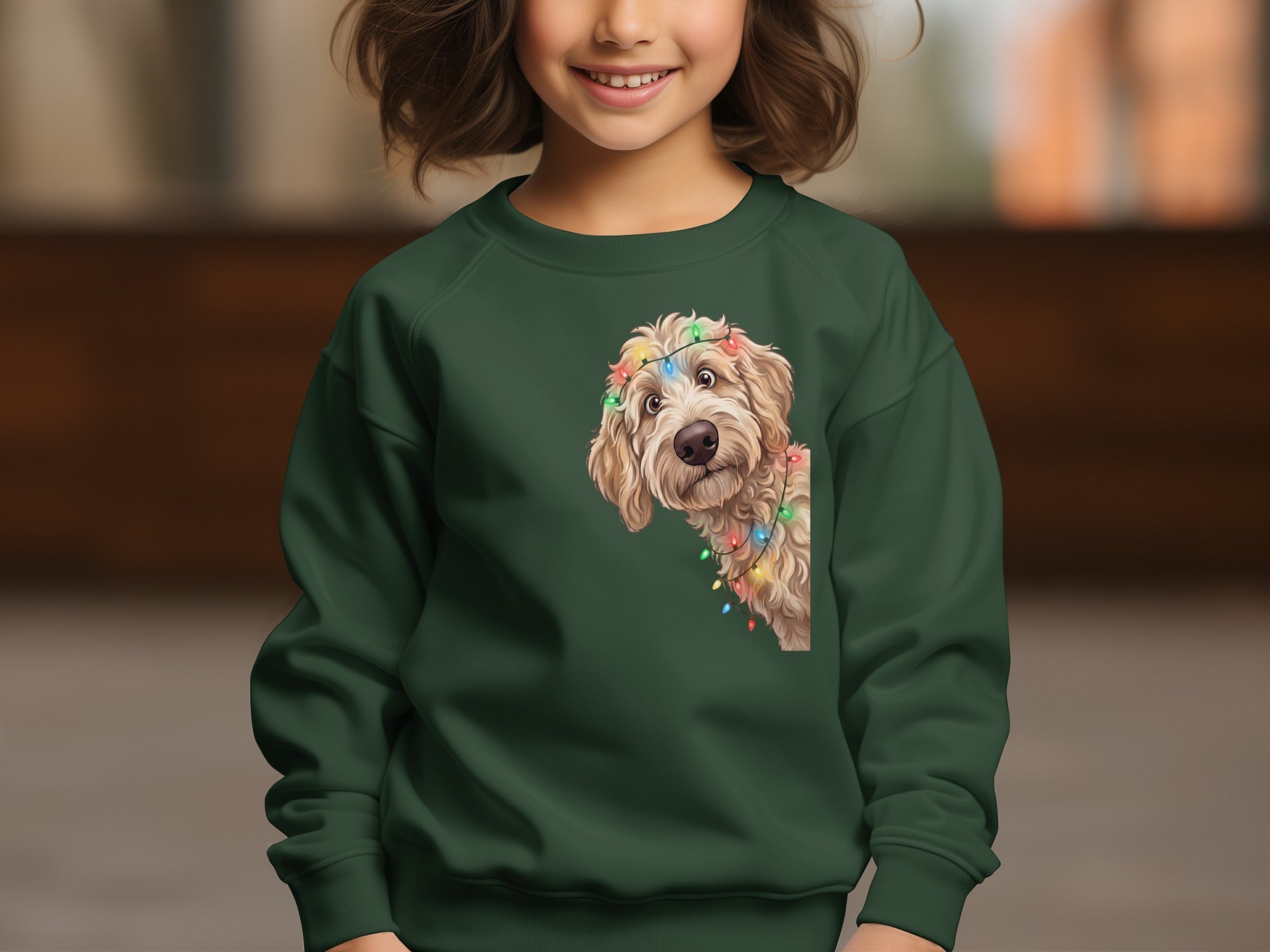 Green sweatshirt with a doodle dog wearing colorful Christmas lights.