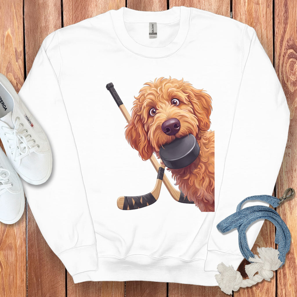 Apricot Goldendoodle Hockey Sweatshirt in White / S by Puppy Jo