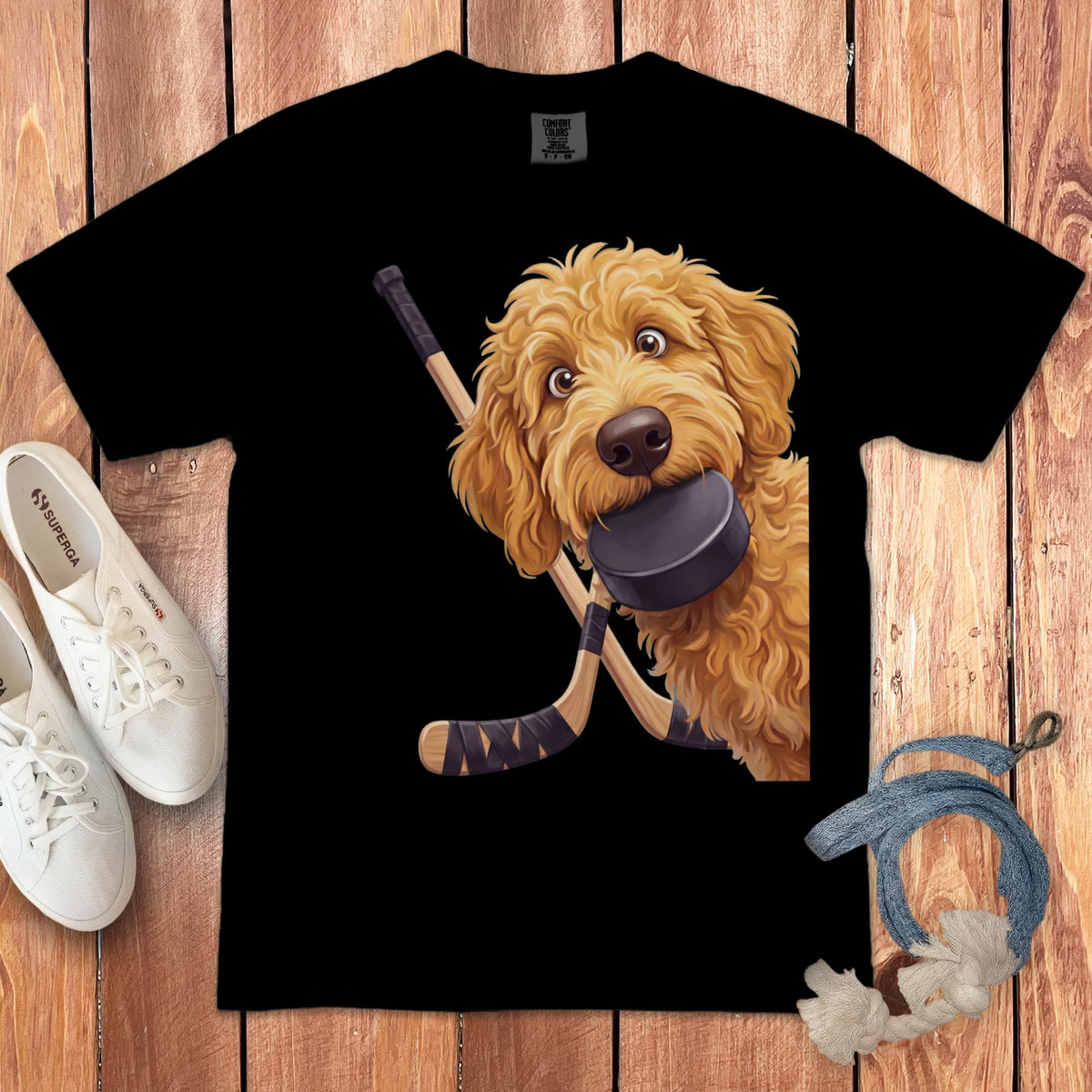 Golden Goldendoodle Hockey Signature T-Shirt in Black / S by Puppy Jo