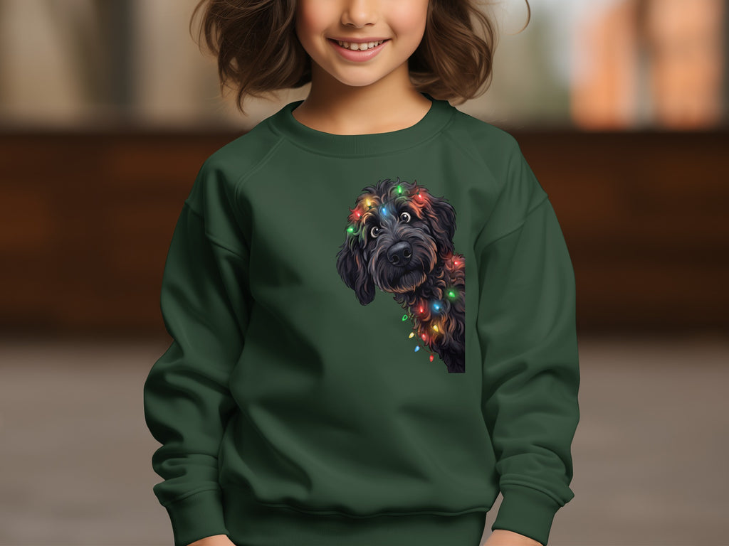 Dark green sweatshirt featuring a black dog peeking out, adorned with colorful Christmas lights.