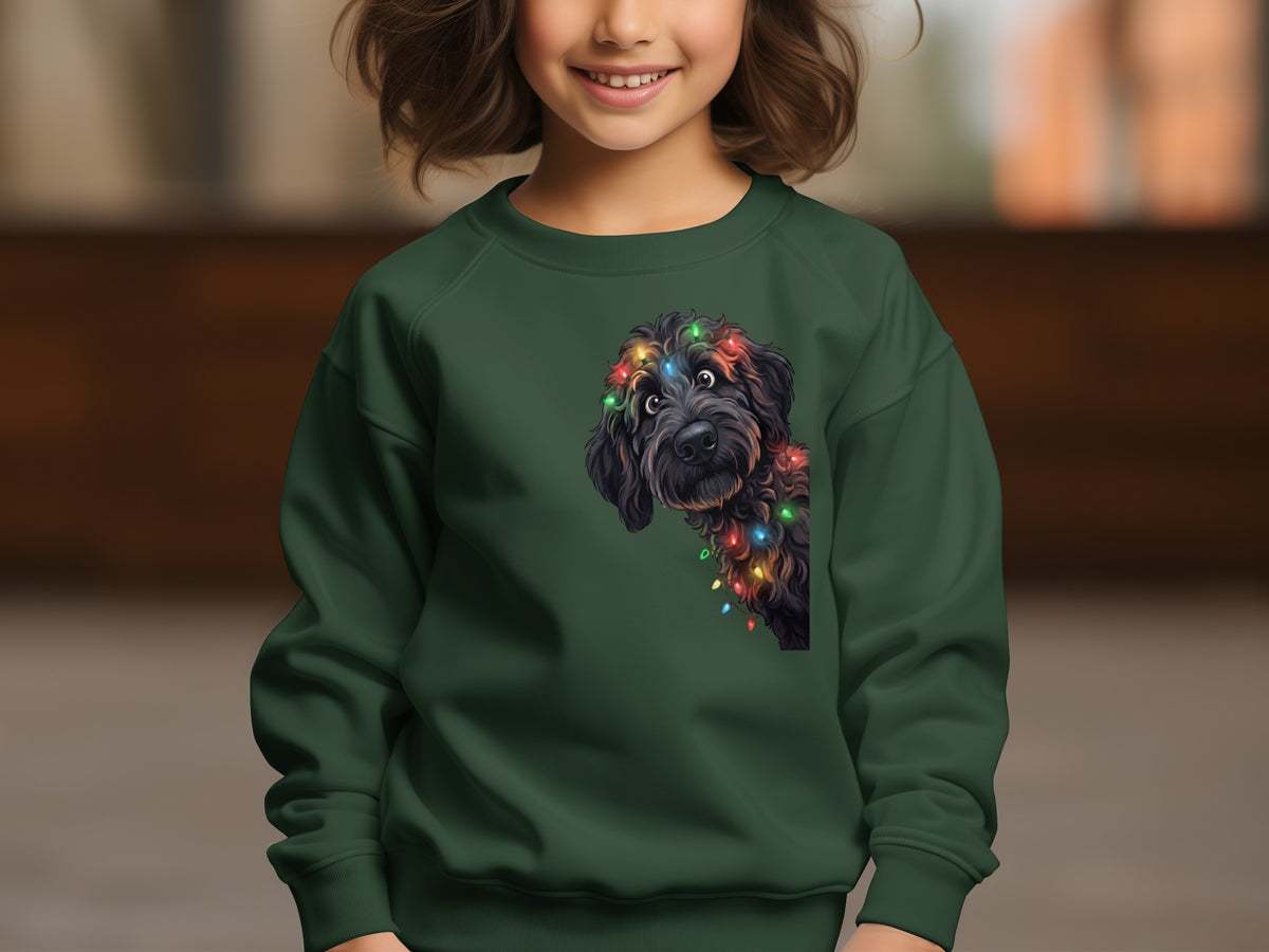 Dark green sweatshirt featuring a black dog peeking out, adorned with colorful Christmas lights.