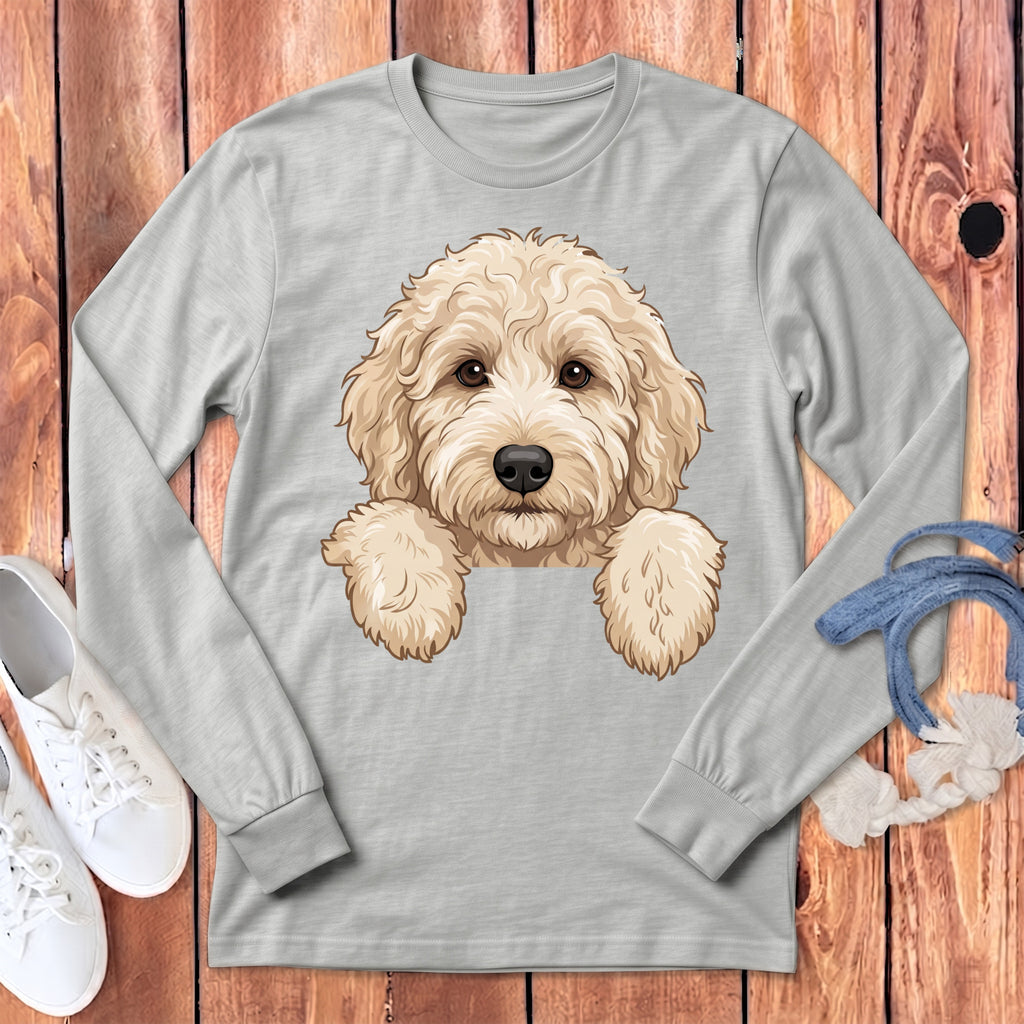 Light grey long-sleeved shirt with a cream-colored doodle dog graphic.
