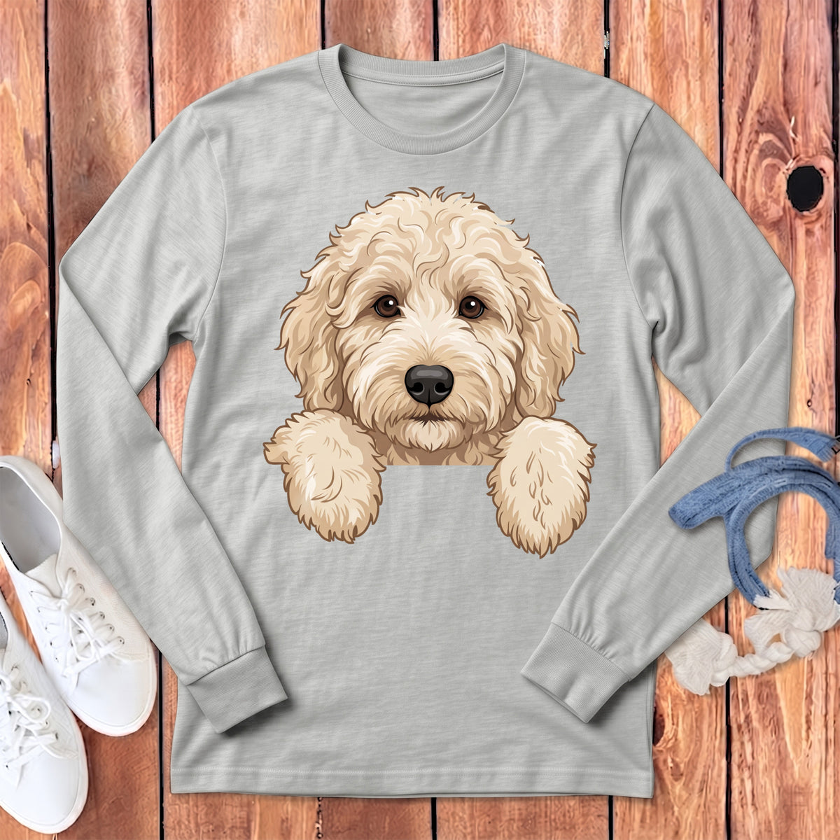 Light grey long-sleeved shirt with a cream-colored doodle dog graphic.