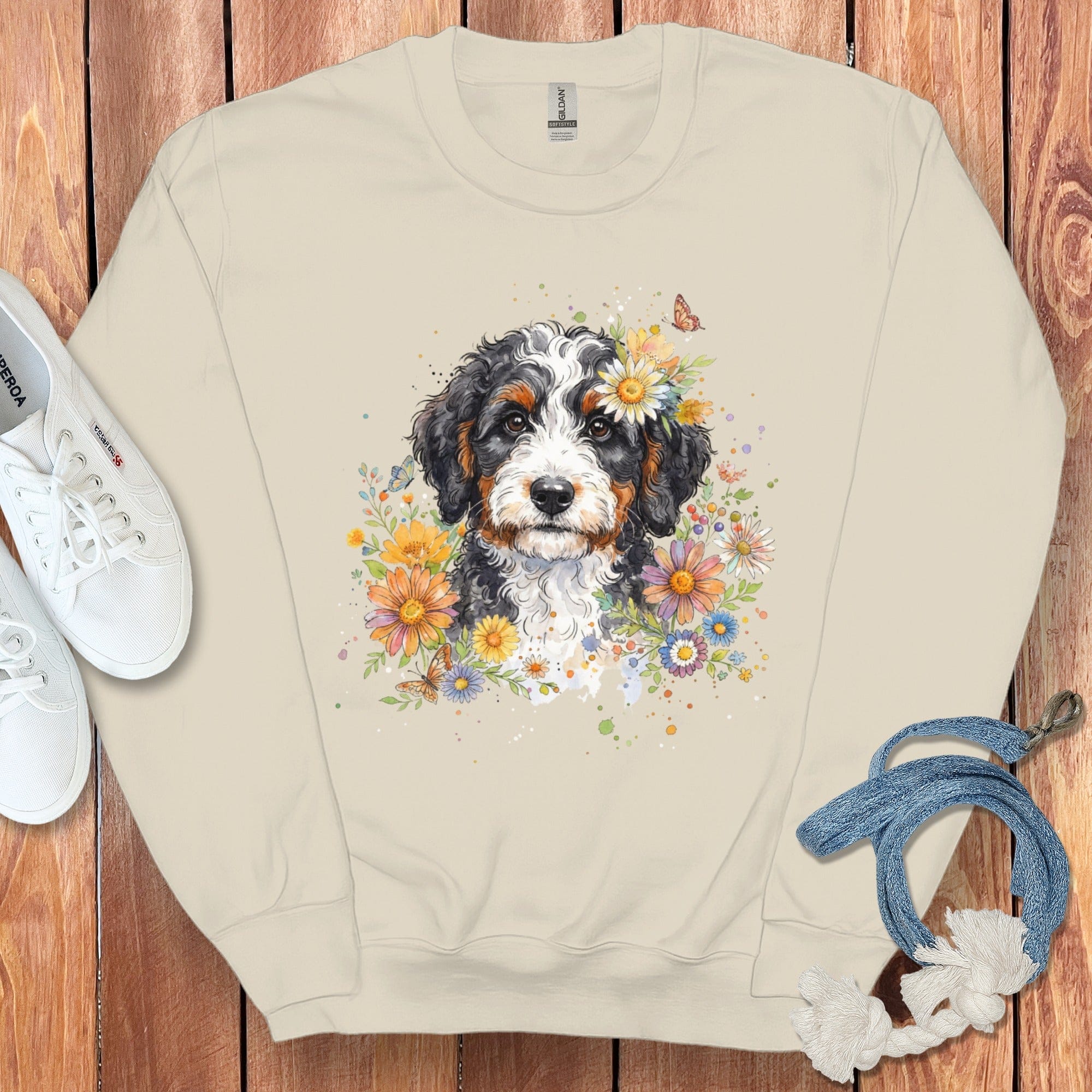 Cute Puppy with Floral Design on Beige Sweatshirt