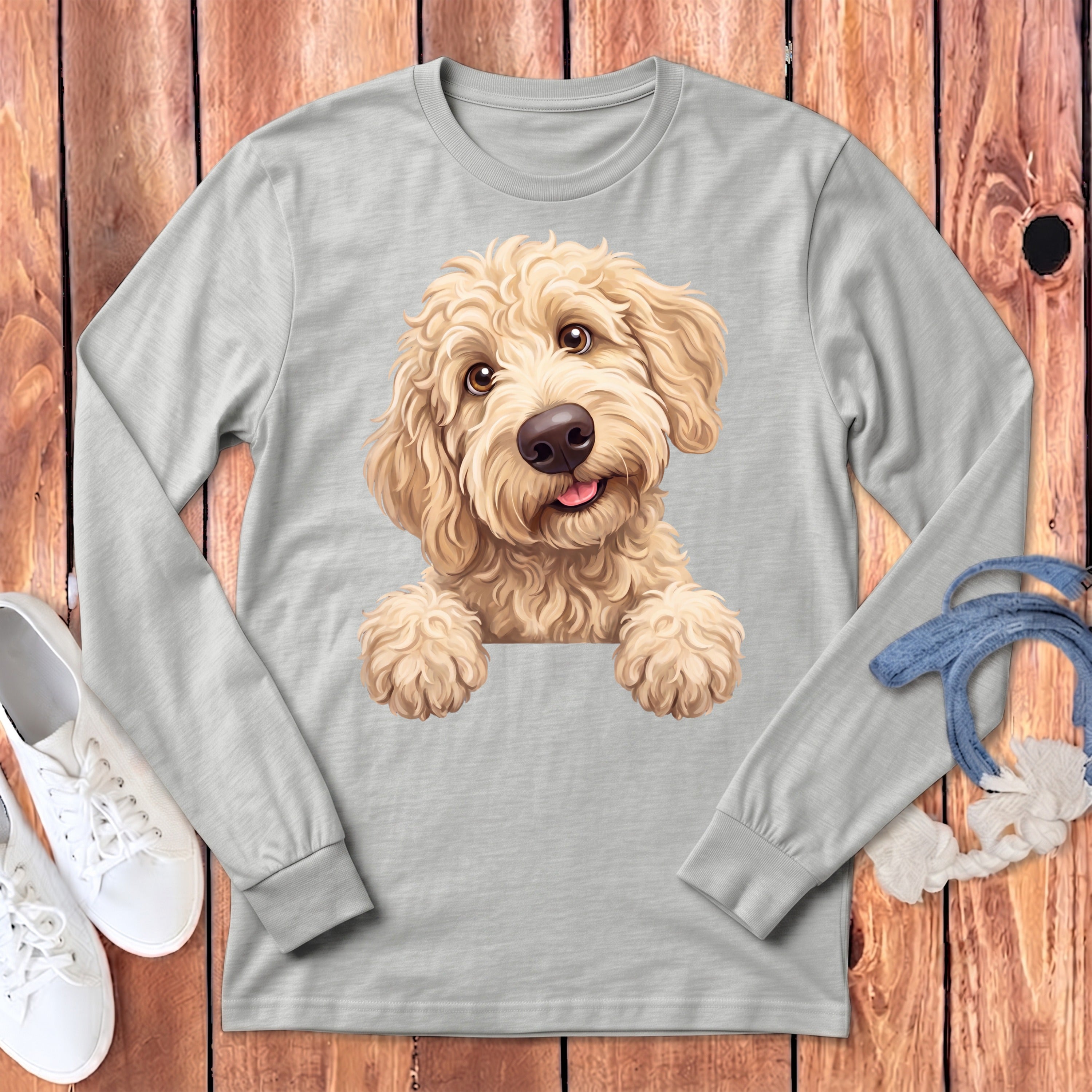 Gray long-sleeve shirt with a golden retriever puppy illustration peeking over a pocket.