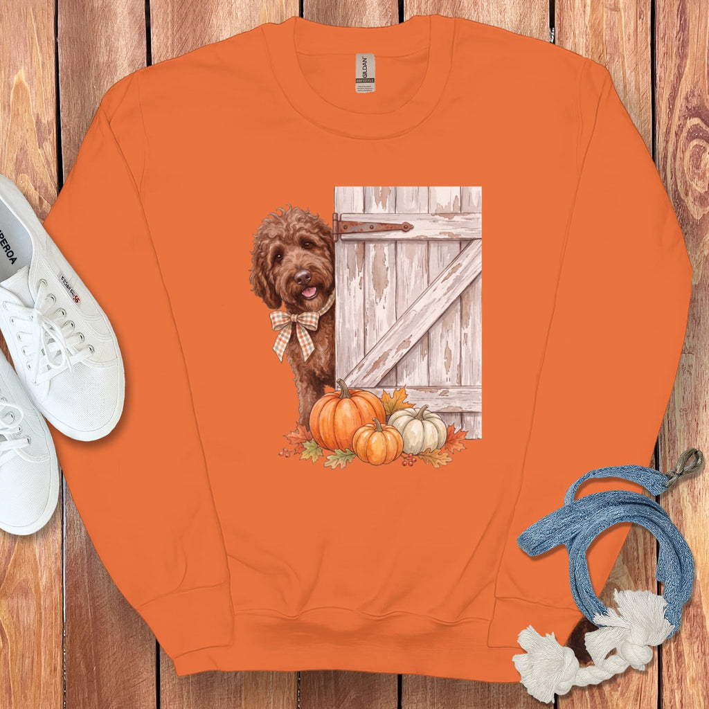 Chocolate Goldendoodle Barn Peeking Sweatshirt in Orange / S by Puppy Jo