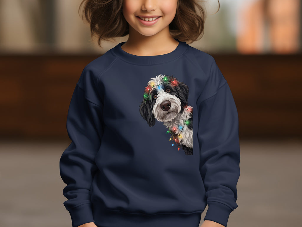 Black and white dog with colorful Christmas lights design on navy sweatshirt.