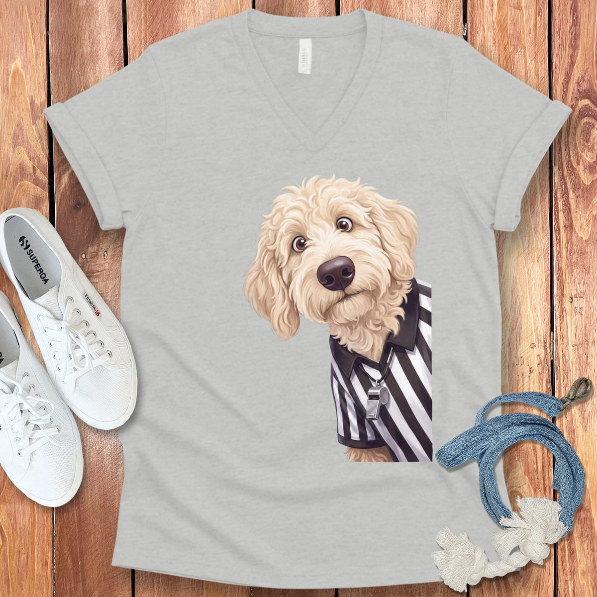 Cream Goldendoodle Football Referee V-Neck T-Shirt in Athletic Heather / S by Puppy Jo