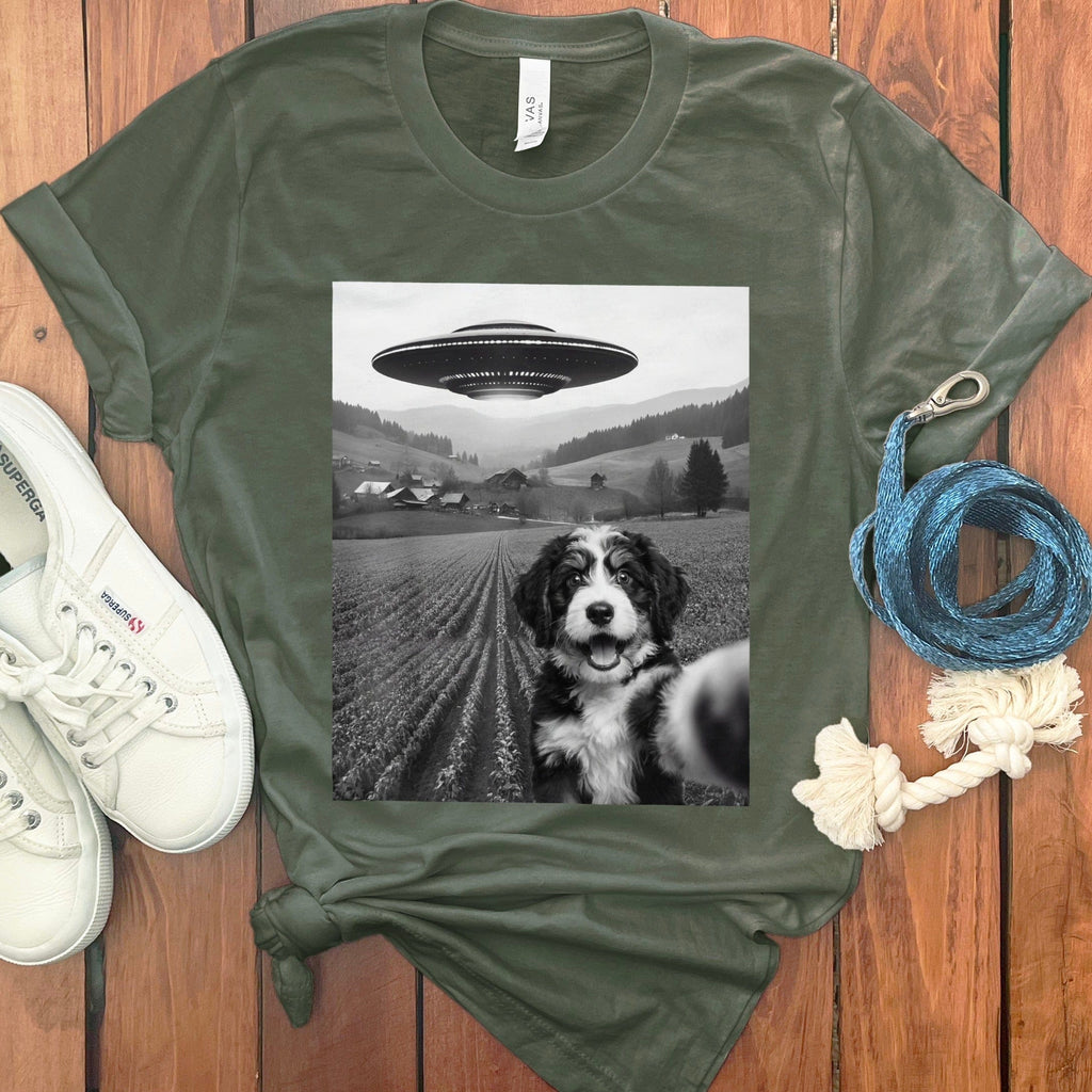 Dog with UFO in Countryside Graphic Tee Product