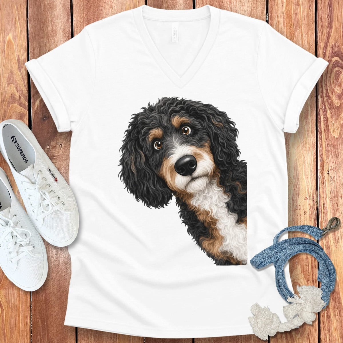 Funny Peeking Bernedoodle V-Neck T-Shirt in White / S by Puppy Jo