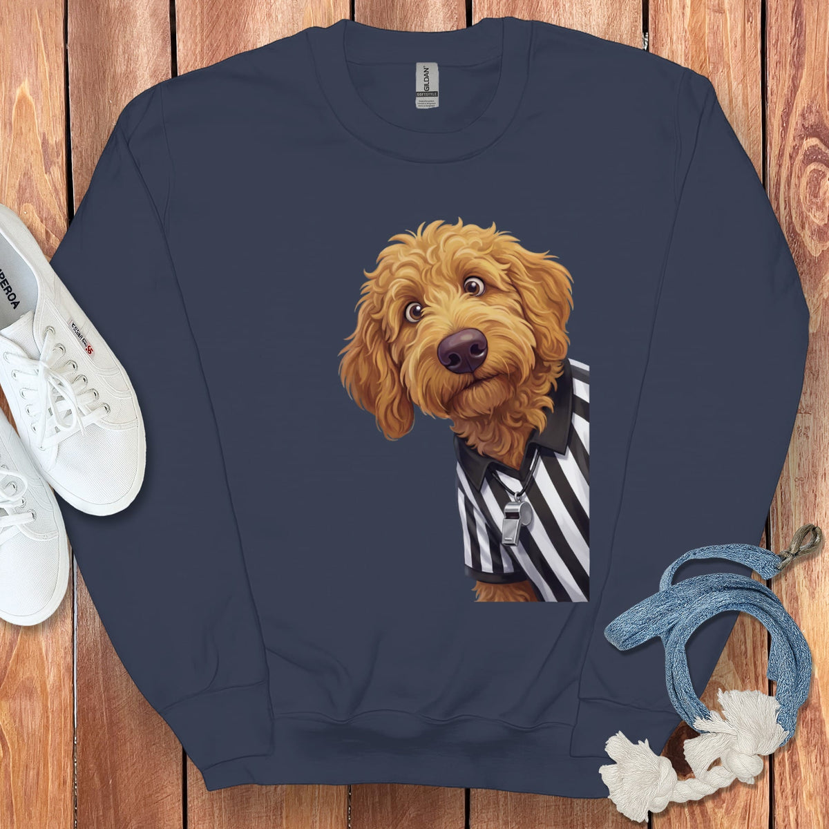 Apricot Goldendoodle Football Referee Sweatshirt in Navy / S by Puppy Jo