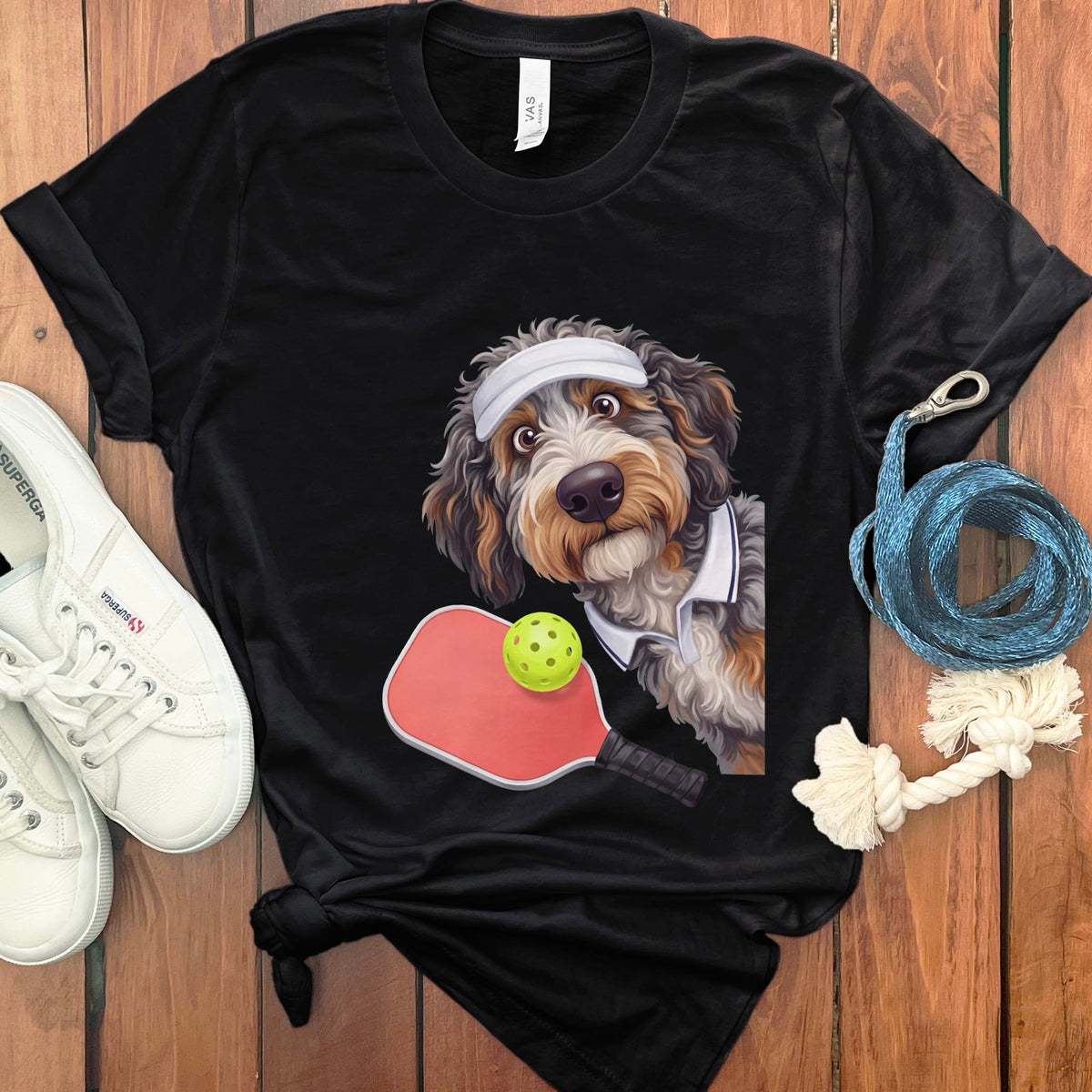 Aussiedoodle Pickleball Player T-Shirt in Black / S by Puppy Jo