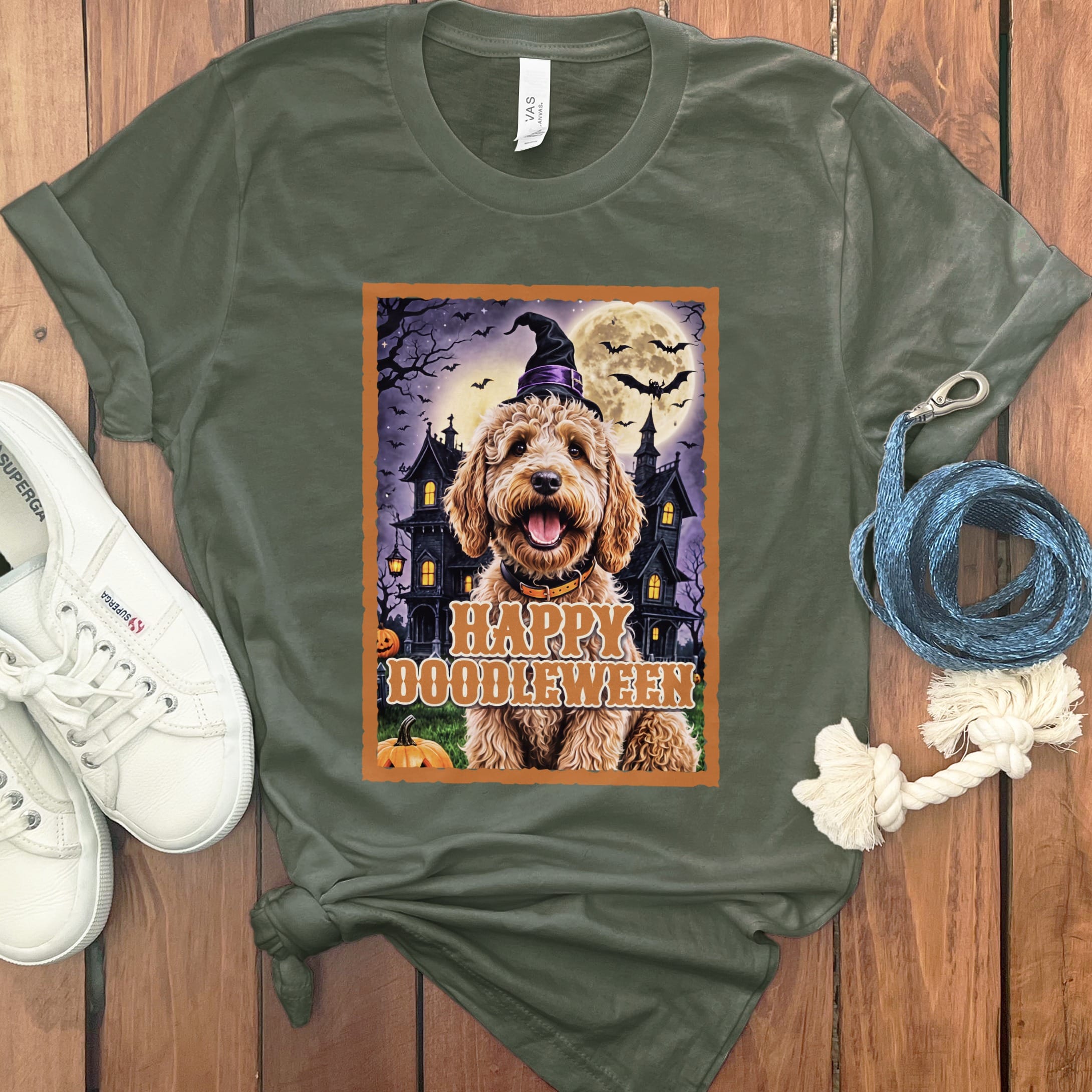 Apricot Goldendoodle Happy Doodleween T-Shirt in Military Green / S by Puppy Jo