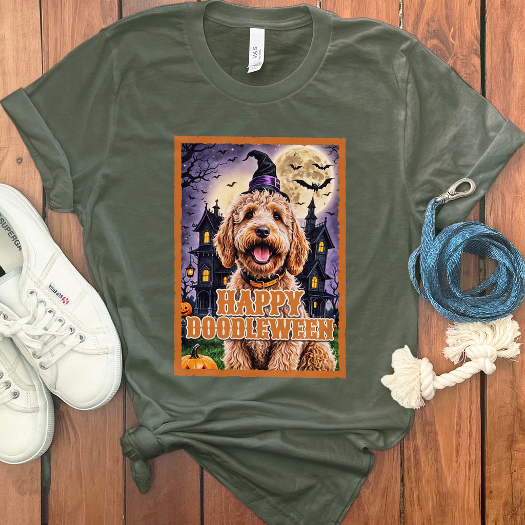 Apricot Goldendoodle Happy Doodleween T-Shirt in Military Green / S by Puppy Jo