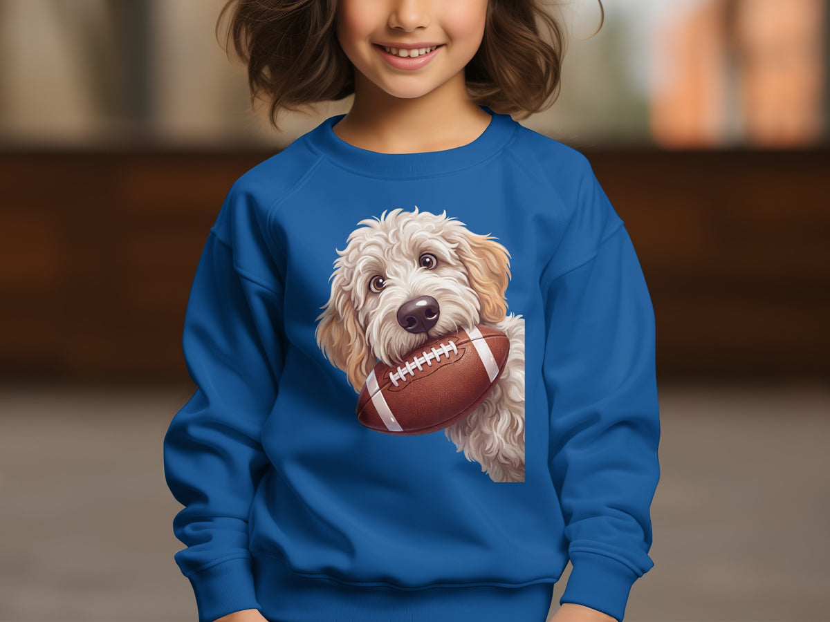 Blue sweatshirt with a white fluffy dog holding a football.
