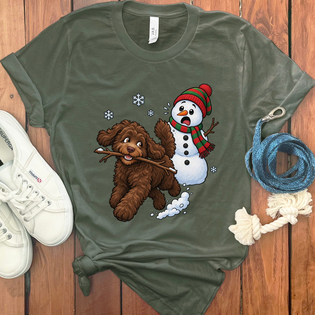 Chocolate Goldendoodle Snowman T-Shirt in Military Green / S by Puppy Jo