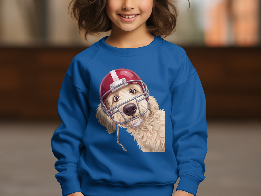Blue sweatshirt with a doodle dog wearing a football helmet graphic.