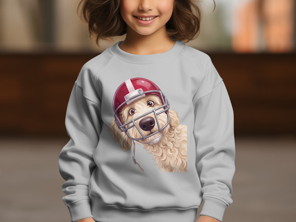 Light gray sweatshirt with a doodle dog wearing a red football helmet graphic.