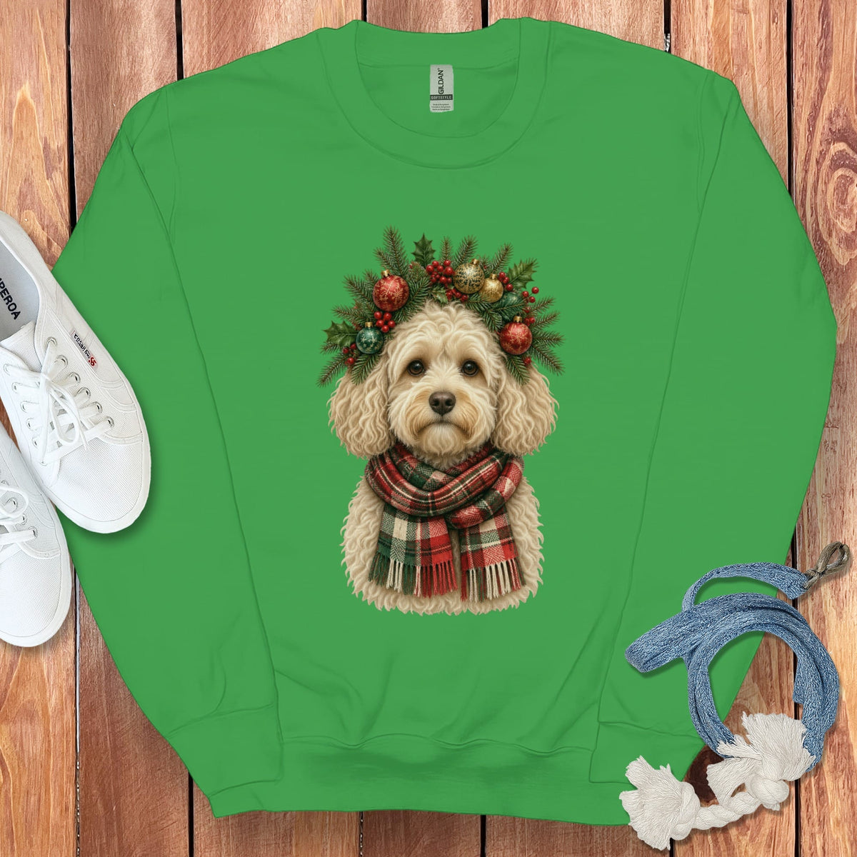 Maltipoo Holiday Crown Sweatshirt in Irish Green / S by Puppy Jo