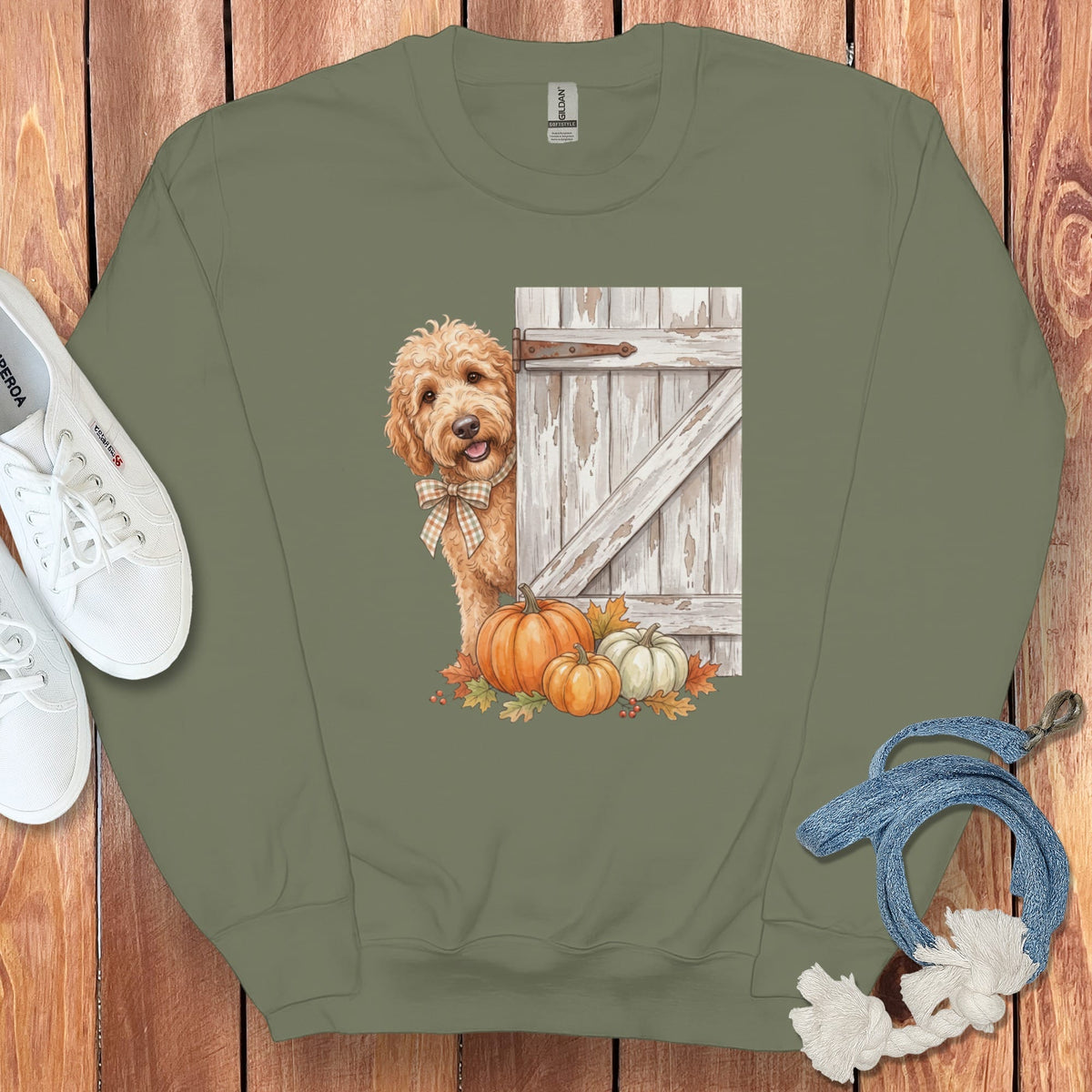 Apricot Goldendoodle Barn Peeking Sweatshirt in Military Green / S by Puppy Jo