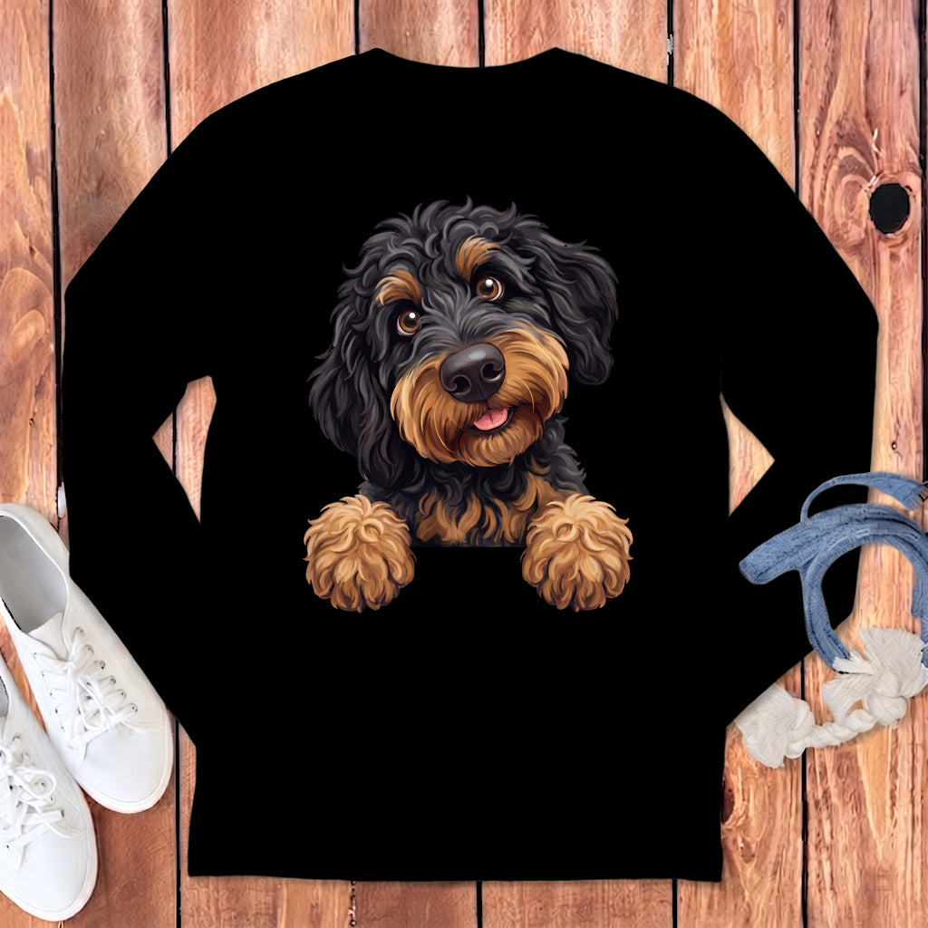 Black long-sleeve shirt featuring a cartoon black and tan doodle dog graphic.