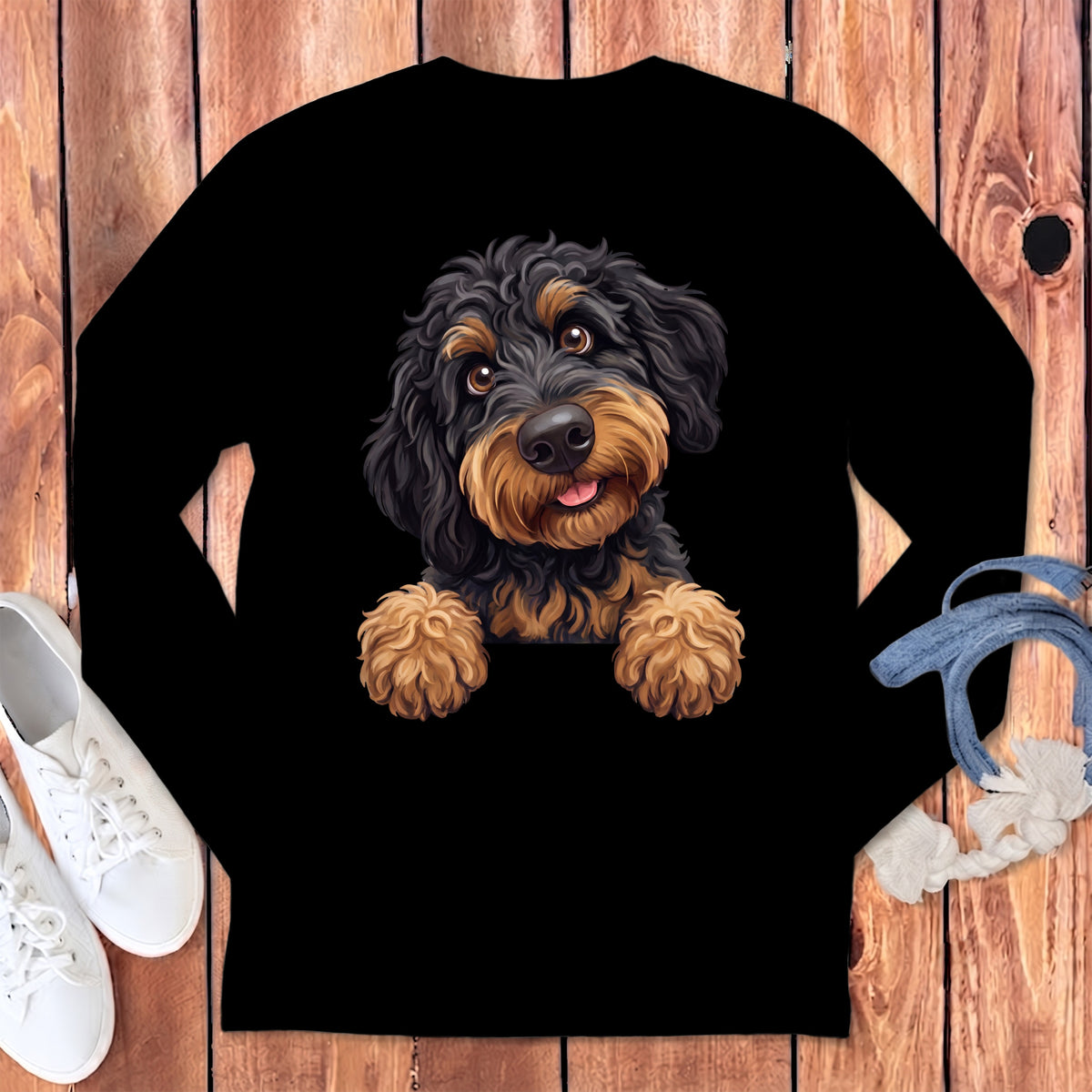 Black long-sleeve shirt featuring a cartoon black and tan doodle dog graphic.