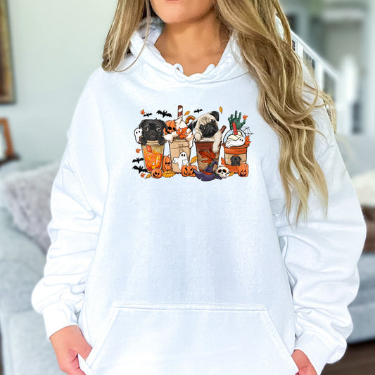Halloween Pugs and Coffee Hoodie Sweatshirt - PuppyJo Hoodie S / White