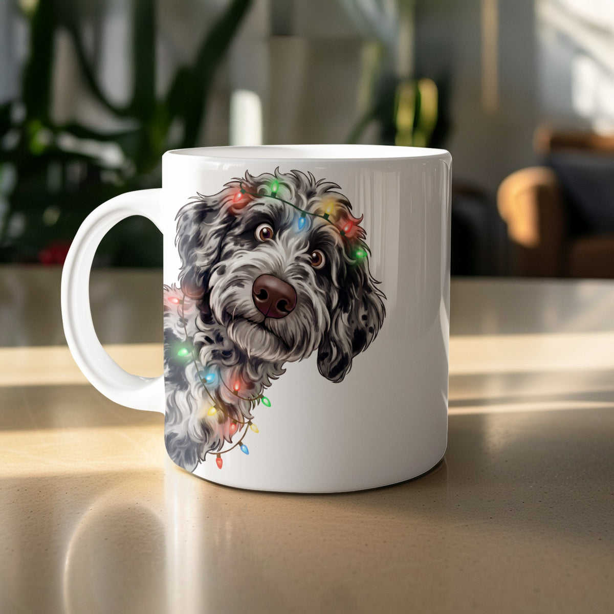 White mug with illustration of a shaggy dog tangled in colorful Christmas lights.