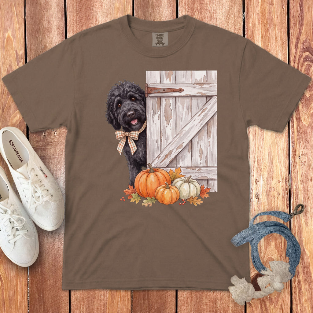 Brown t-shirt with black dog, pumpkins, and barn door graphic.