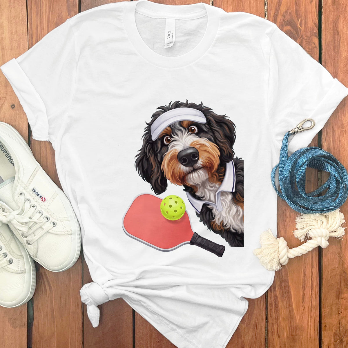 Bernedoodle Pickleball Player T-Shirt in White / S by Puppy Jo