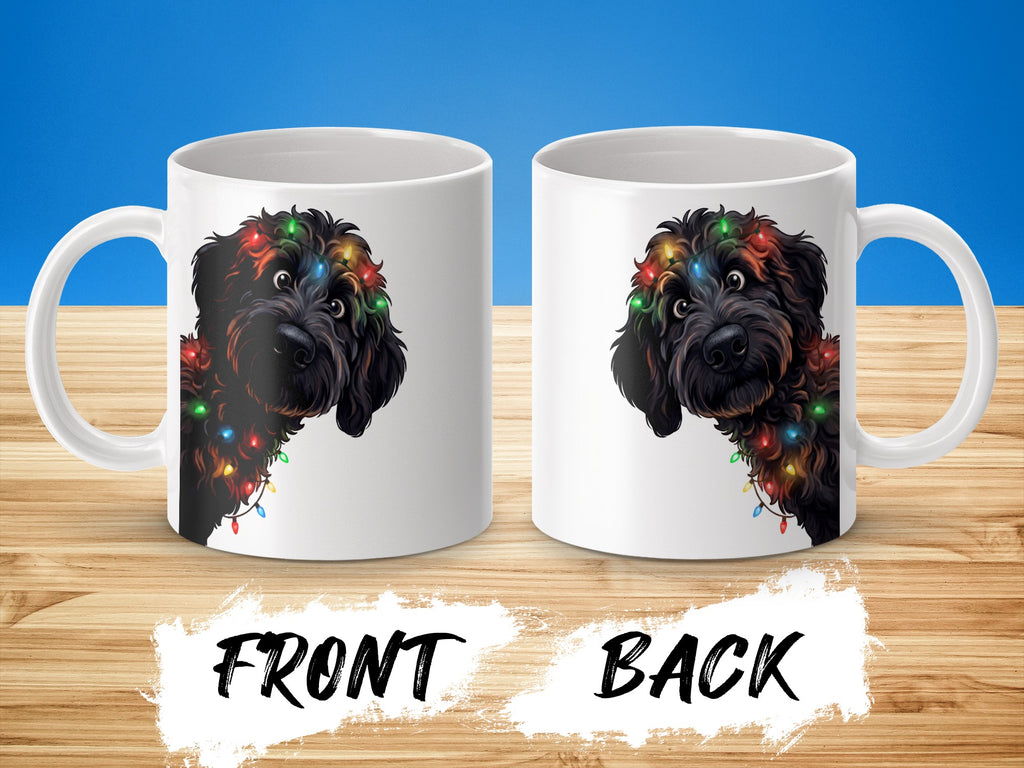 White mug with black dog wearing colorful Christmas lights, front and back views.