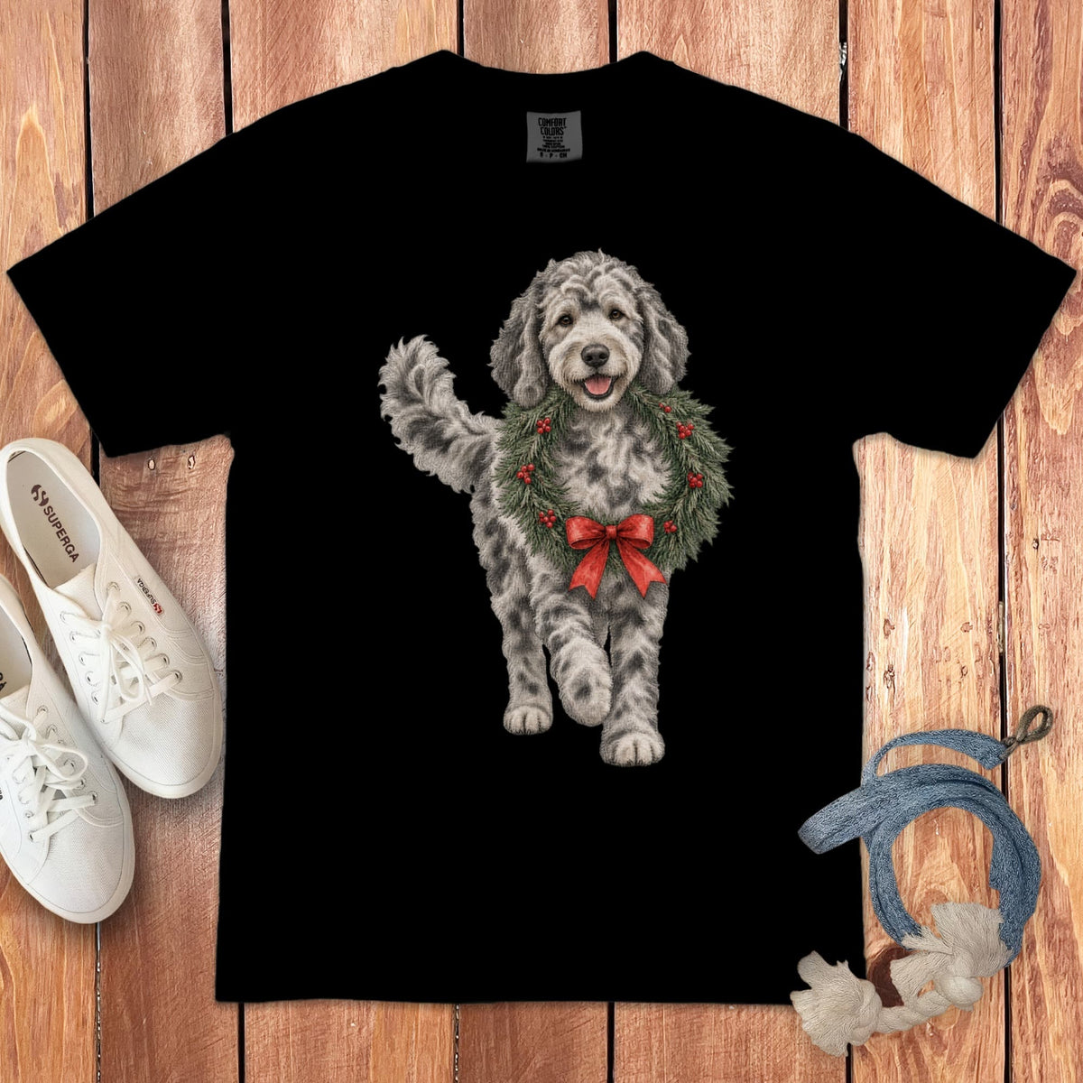 Merle Goldendoodle Wreath Signature T-Shirt in Black / S by Puppy Jo