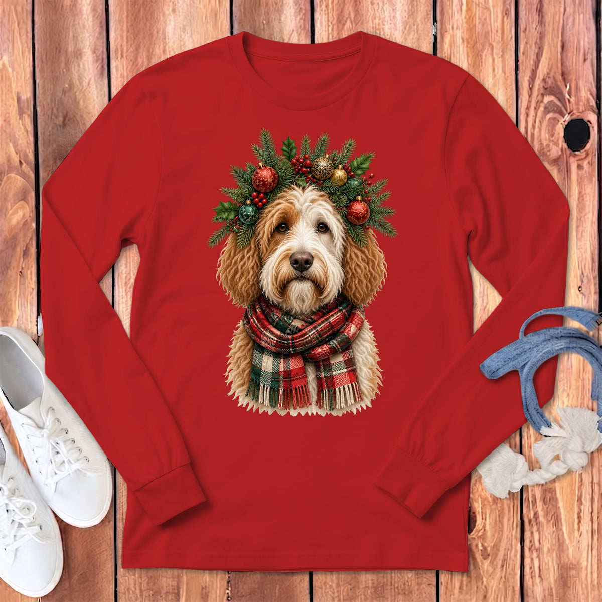 Parti Goldendoodle Holiday Crown Long Sleeve T-Shirt in Red / S by MyDesigns