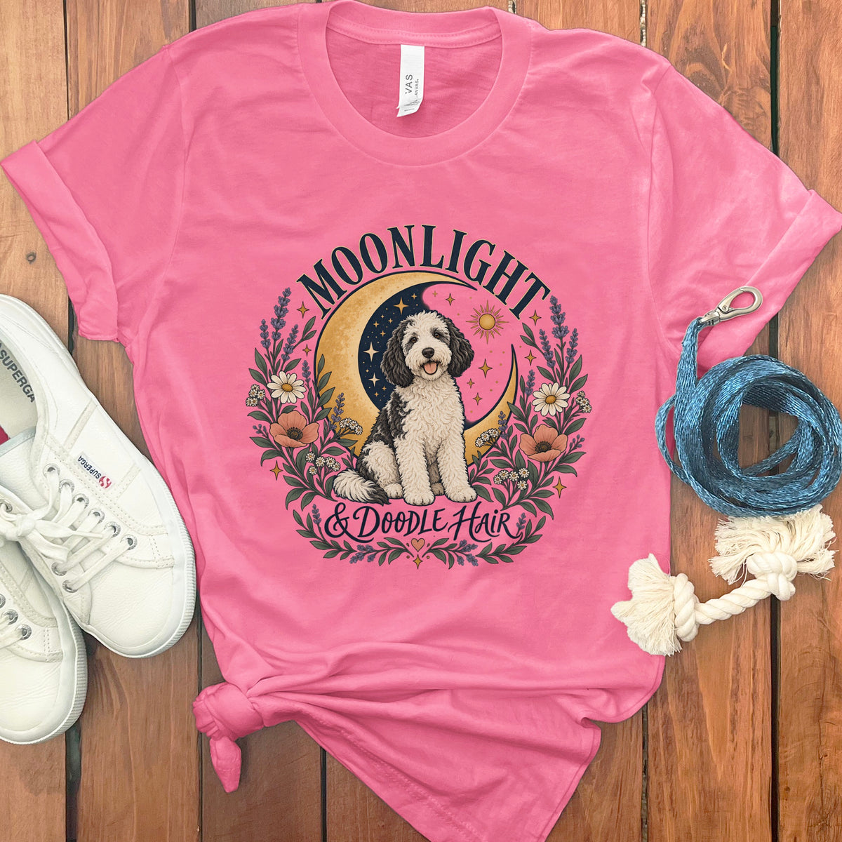Pink t-shirt with "MOONLIGHT & DOODLE HAIR" graphic featuring a doodle dog.