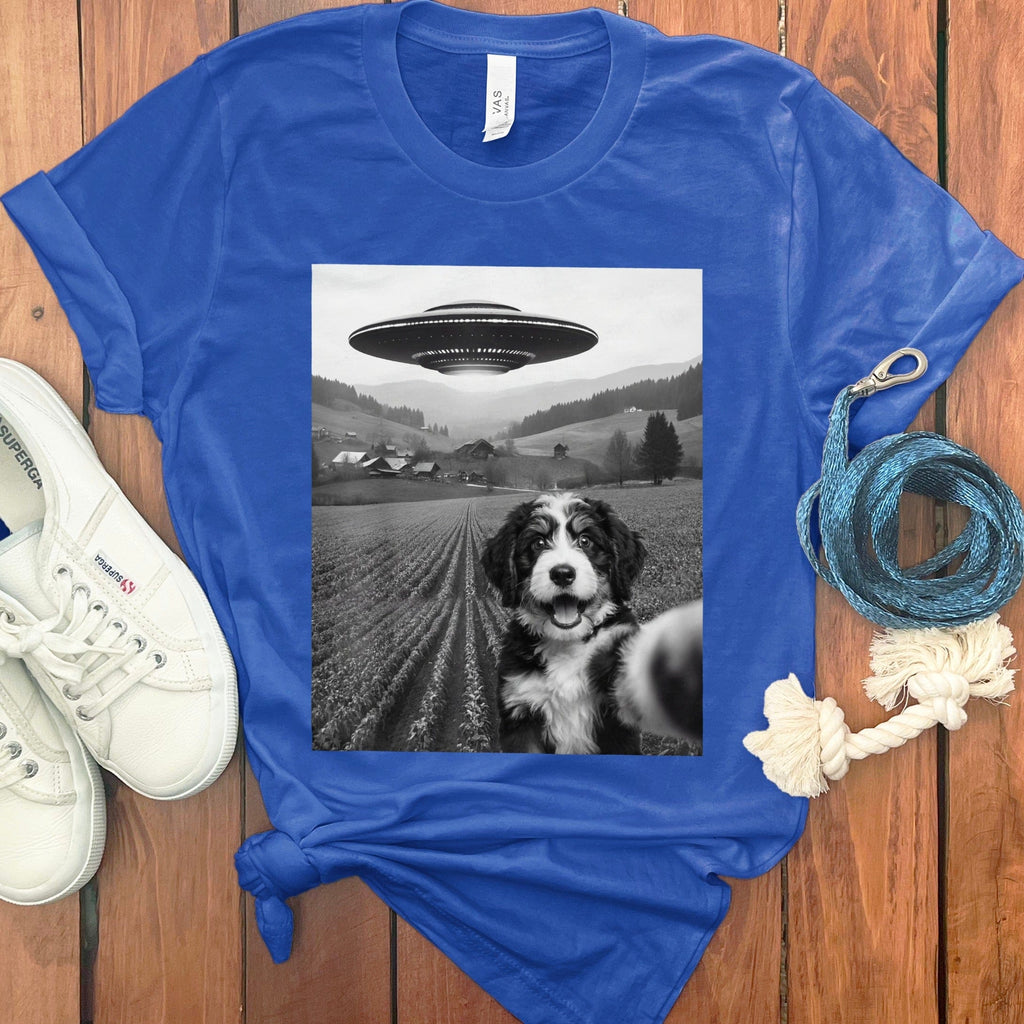 UFO Spaceship and Farm Dog Graphic T-Shirt
