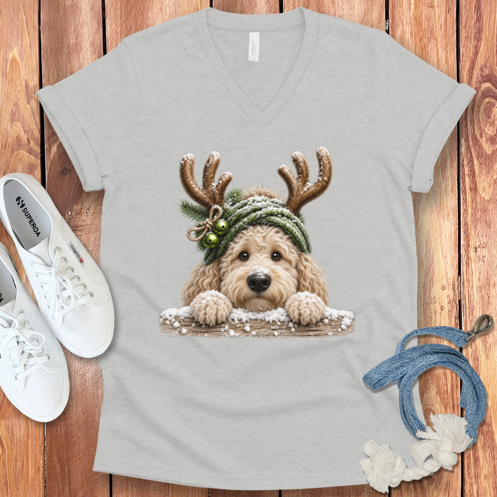 Light grey t-shirt with a Christmas-themed doodle dog wearing antlers and a hat.