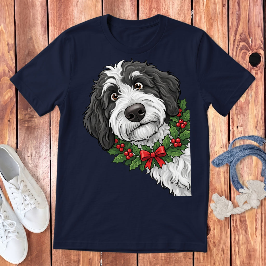 Navy t-shirt with a black and white dog wearing a holly wreath and red bow.