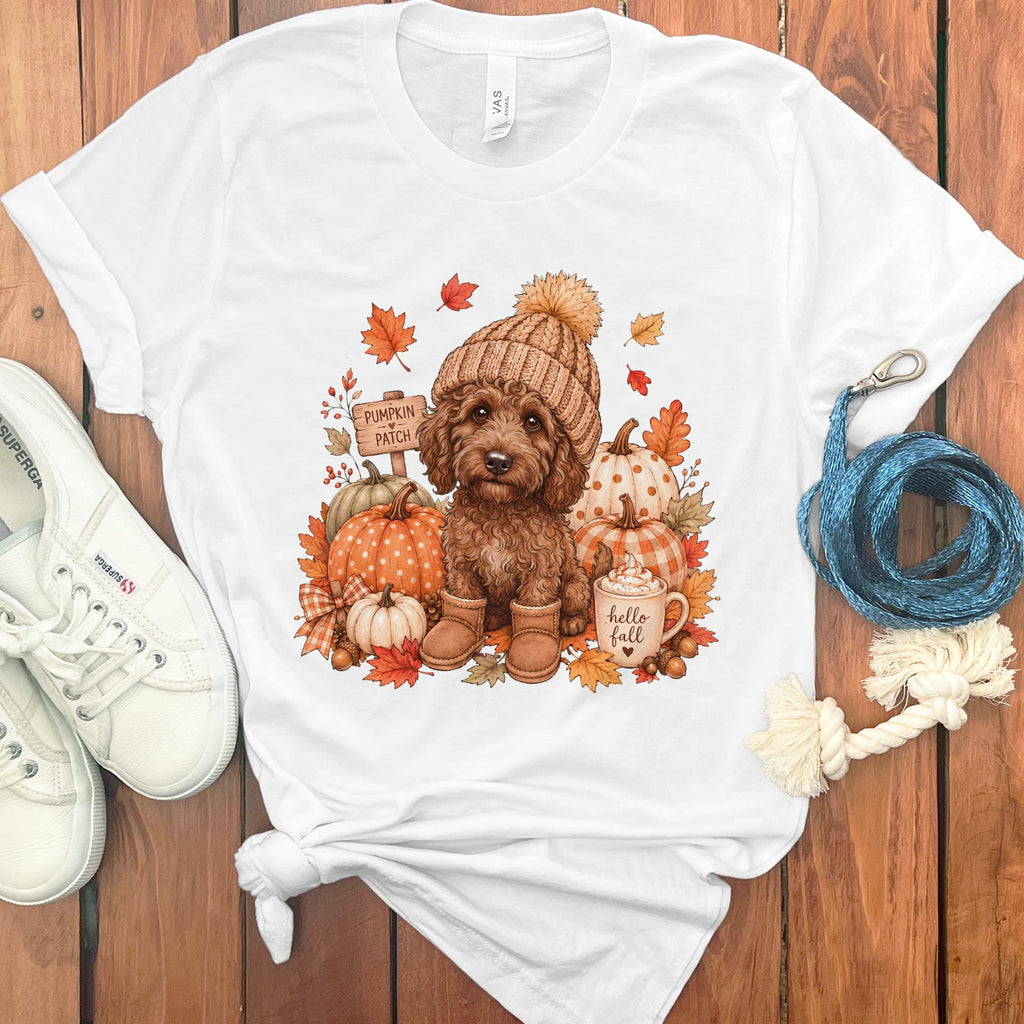 Chocolate Goldendoodle Pumpkin Patch T-Shirt in White / S by Puppy Jo