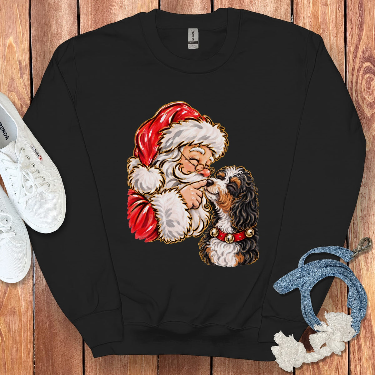 Bernedoodle Santa Kiss Sweatshirt in Black / S by Puppy Jo